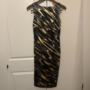100% Silk Black and Gold Mandalay Midi Dress